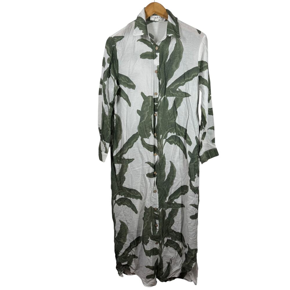 BigHit Dress Women S Green White Palm Banana Leaf Button Down Long Sleeve Boho
